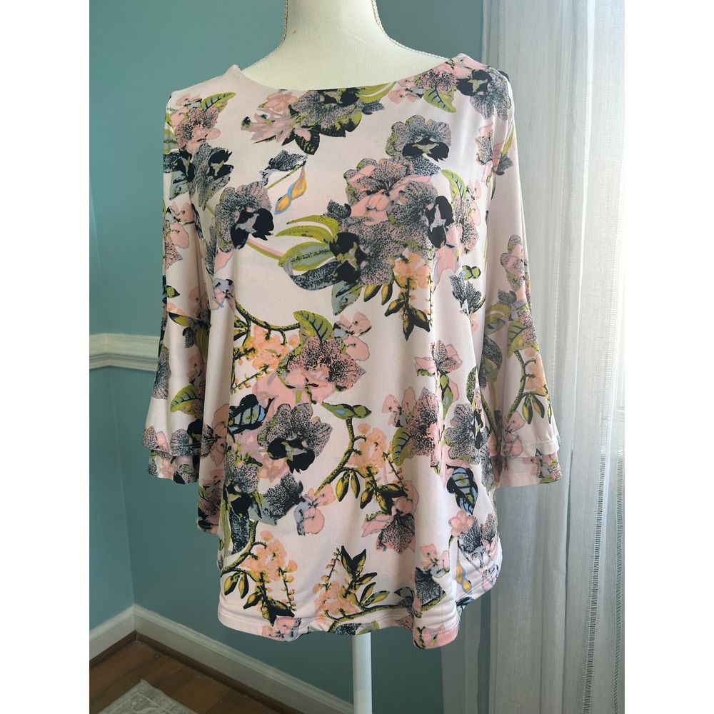 Grace Elements Pink Floral Bell Sleeve Blouse XL 3/4 Tiered Sleeve Knit Top